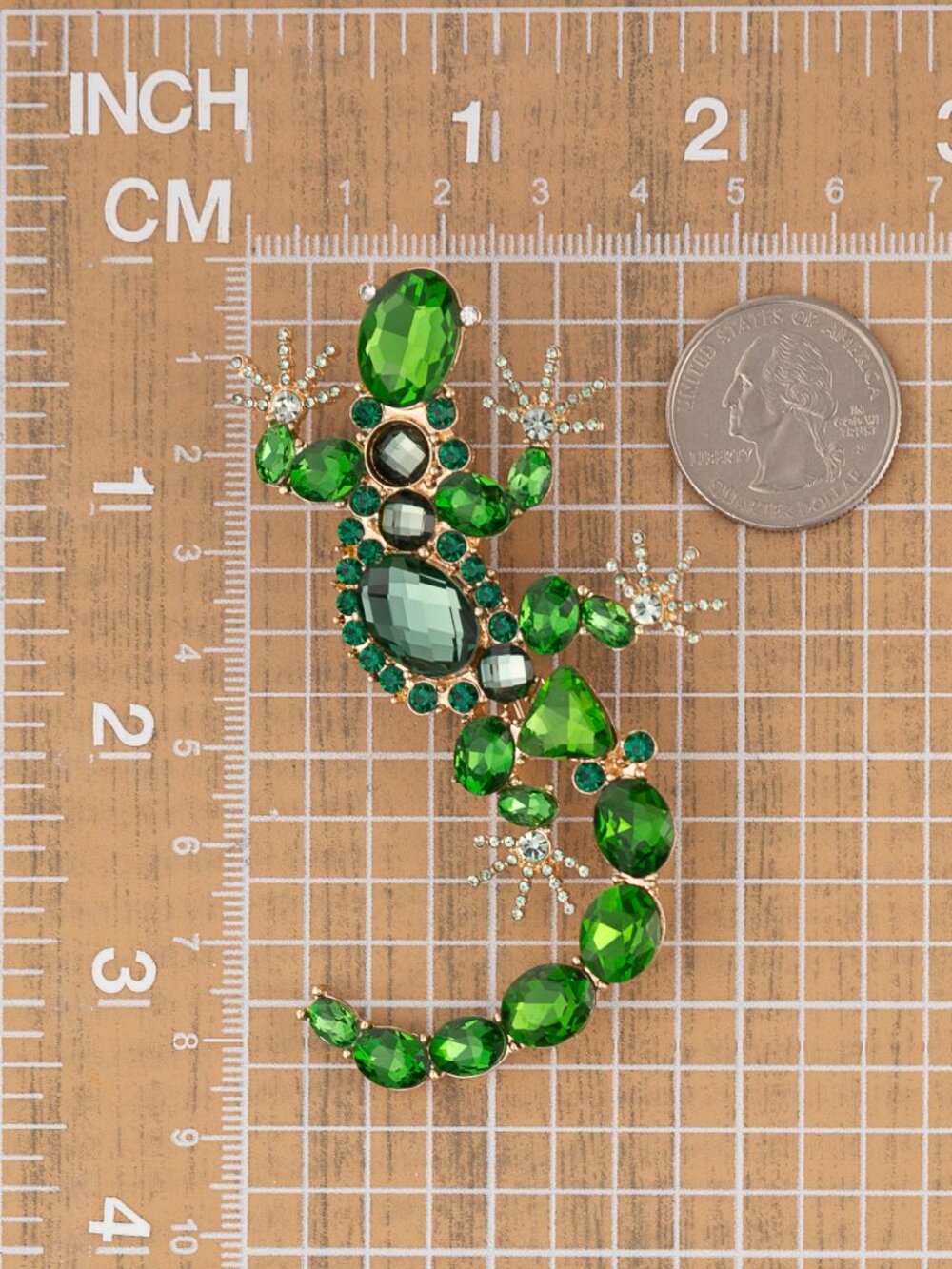 Green Rhinestone Gecko Lizard Brooch Pin Gold Tone Statement Jewelry - Picture 2 of 5